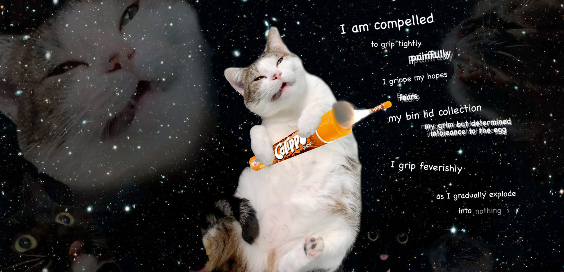 Grimacing cat floats through space holding a calippo which is firing a smaller calippo through the air
